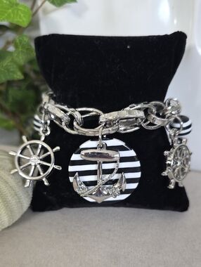 Nautical Charm Bracelet Silver Tone Anchor Ship Wheel Striped Sailor Theme
